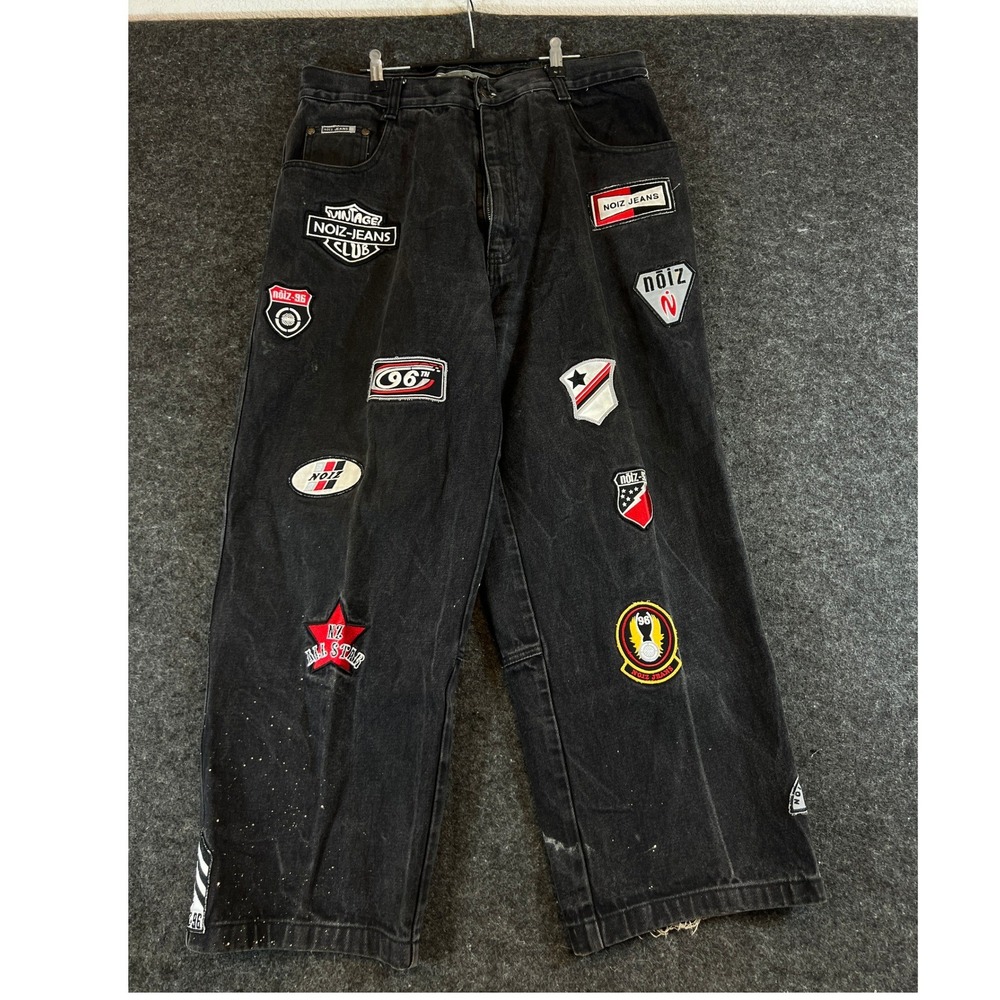 Vintage Noiz Jeans Club Baggy Wide Leg Patched Pants Mens 36x34 Black Skater Y2K